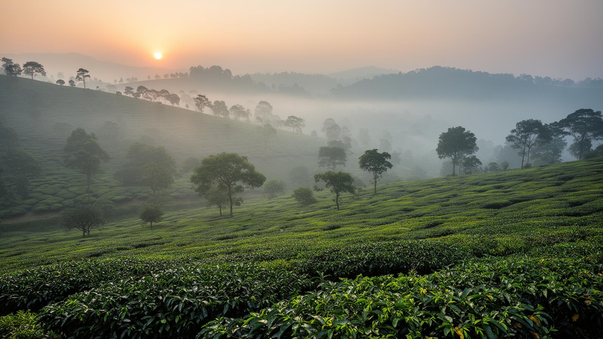 Misty coffee plantation at sunrise